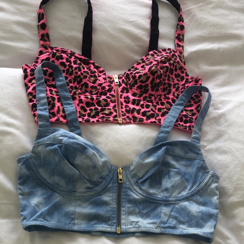 Victoria’s Secret PINK Zip-Front Bralette Tops - Pink Leopard & Light Blue NWT M